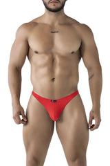 Red microfiber bikini briefs with mesh fabric and a small black logo on the front by xtremen 91224