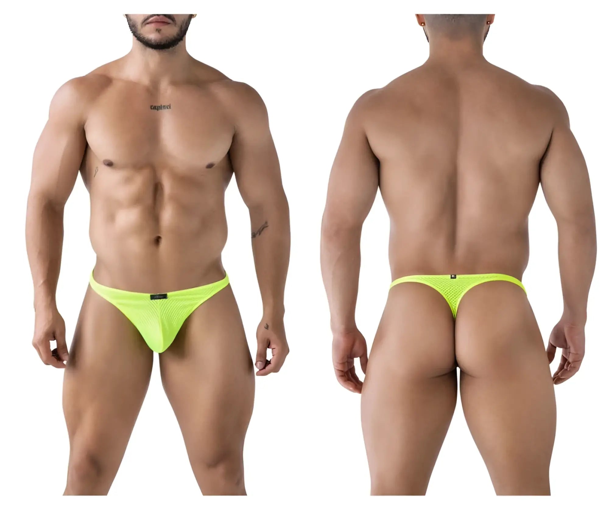 Bright neon yellow xtremen 91226 microfiber thong with mesh fabric and small black brand tag at the front