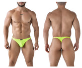 Bright neon yellow xtremen 91226 microfiber thong with mesh fabric and small black brand tag at the front