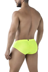 Back view of xtremen 91227 microfiber briefs in neon green with bright yellow mesh and black zipper detailing
