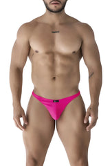Bright pink form-fitting microfiber thong with a smooth fabric and black Xtremen brand tag at the waistband back side