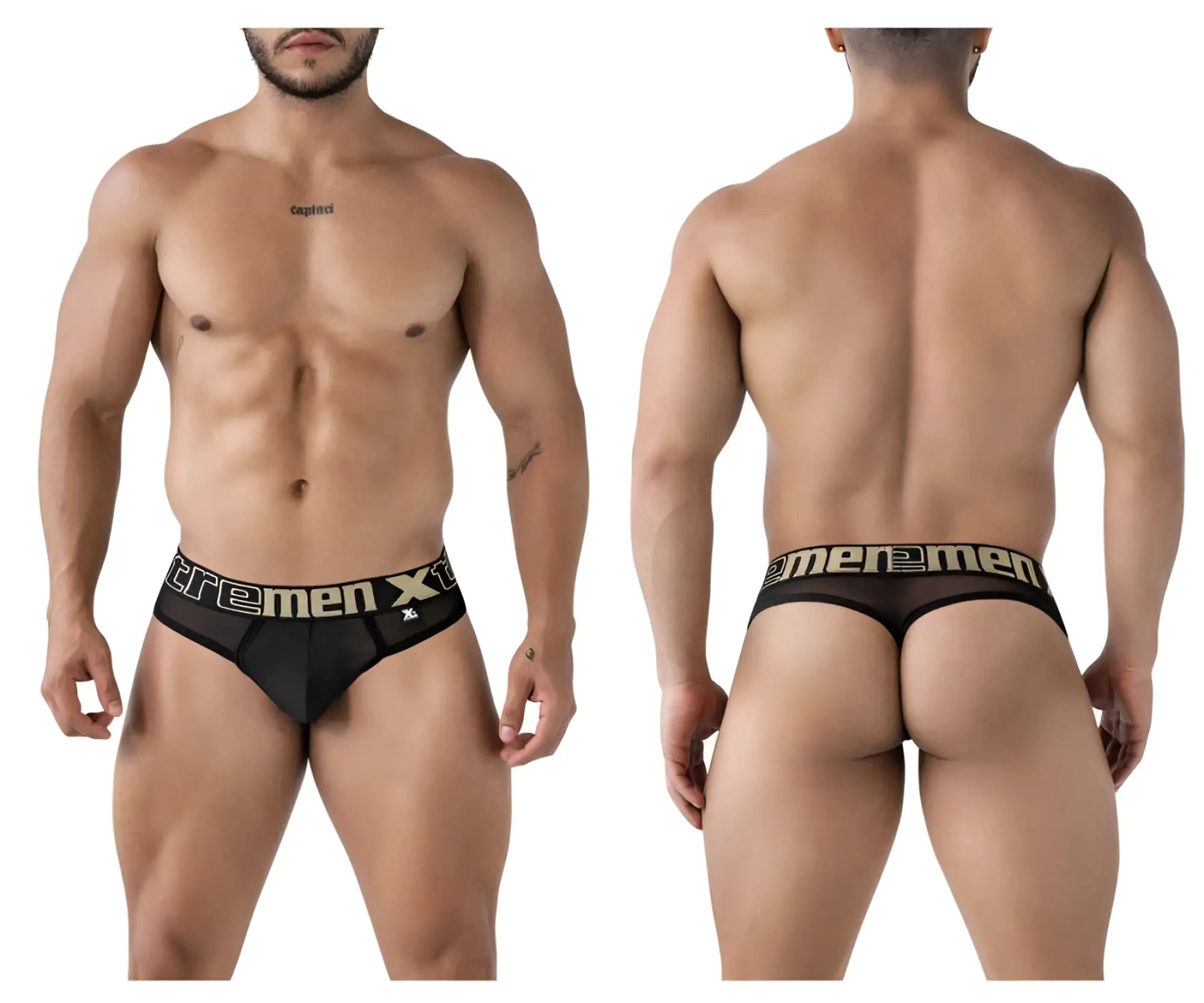 Black microfiber mesh thong with gold xtremen x branding on waistband made for comfort and style