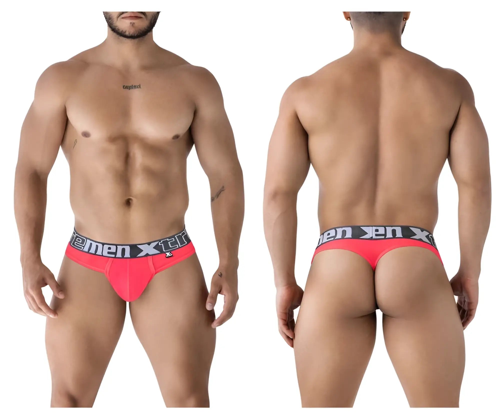 Bright pink xtremen microfiber men’s briefs with a black elastic waistband featuring the xtreme logo in white