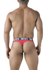 Red men’s microfiber thong in fuchsia with black elastic waistband and xen logo for comfortable daily wear