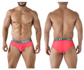 Bright pink fuchsia xtremen 91236 microfiber men’s briefs with a gray waistband and black xtrememen logo