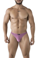 Purple microfiber thong with sleek minimalist design and small black Xtremen brand tag at waistband in blackberry color