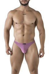 Purple microfiber thong with sleek minimalist design and small black Xtremen brand tag at waistband in blackberry color