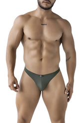 Dark olive green Xtremen 91238 microfiber thong made of smooth stretchy fabric with black brand tag at waistband back side