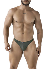 Dark olive green Xtremen 91238 microfiber thong made of smooth stretchy fabric with black brand tag at waistband back side