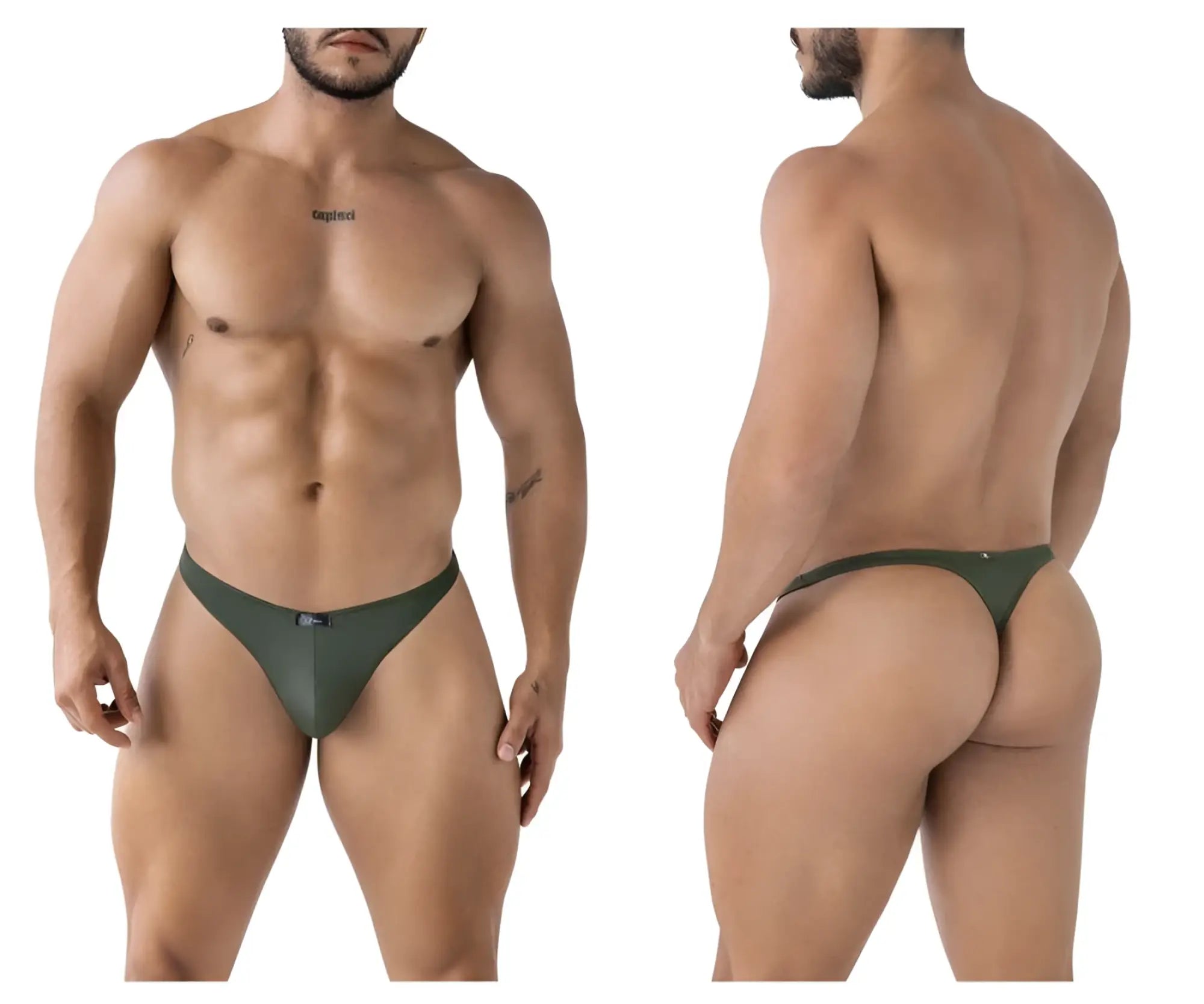 Olive green xtremen 91238 microfiber men’s thong with a small metallic logo on the front for comfortable wear