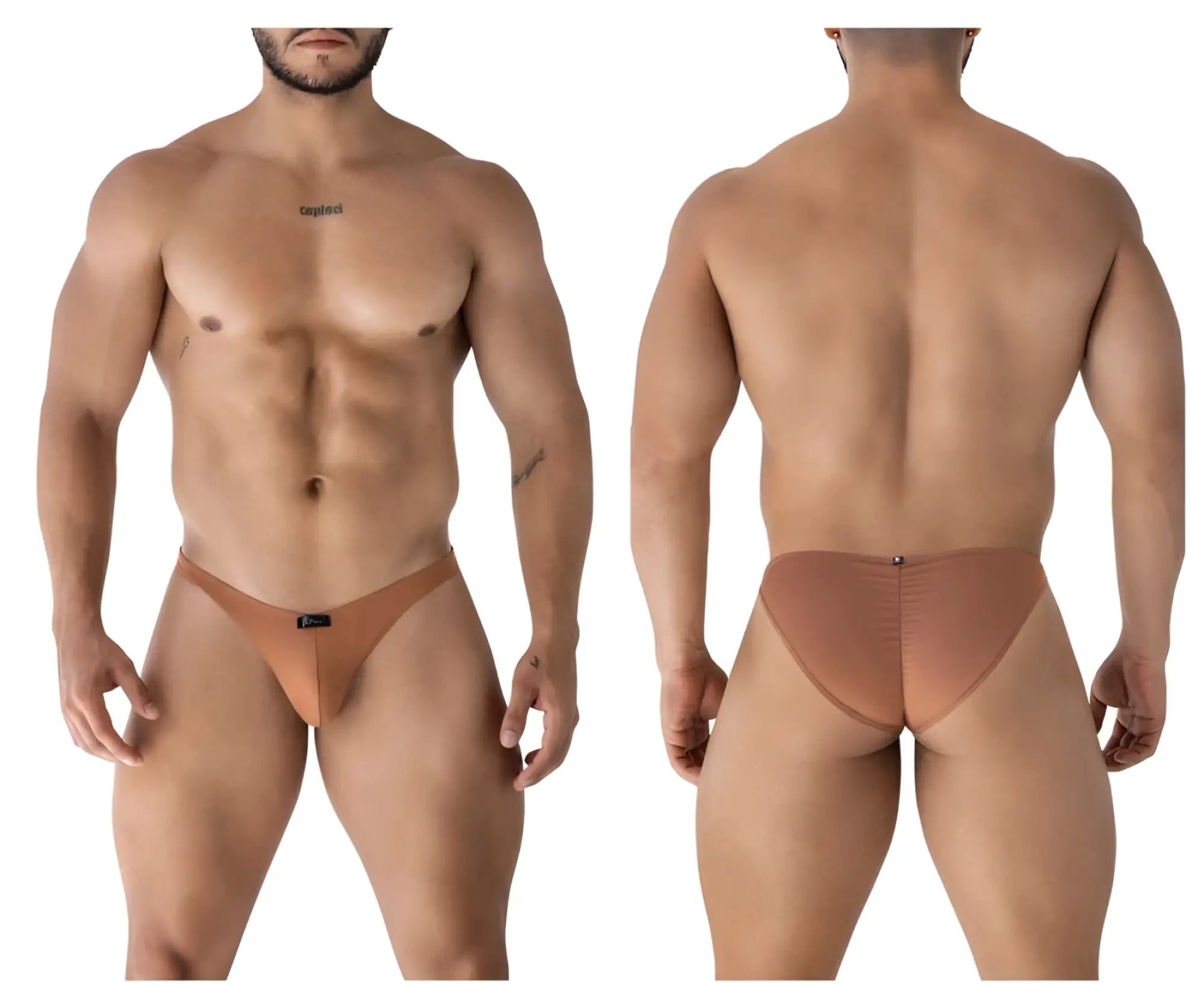 Tan microfiber form-fitting briefs with elastic waistband and black Xtremen brand tag in bikini style color brown