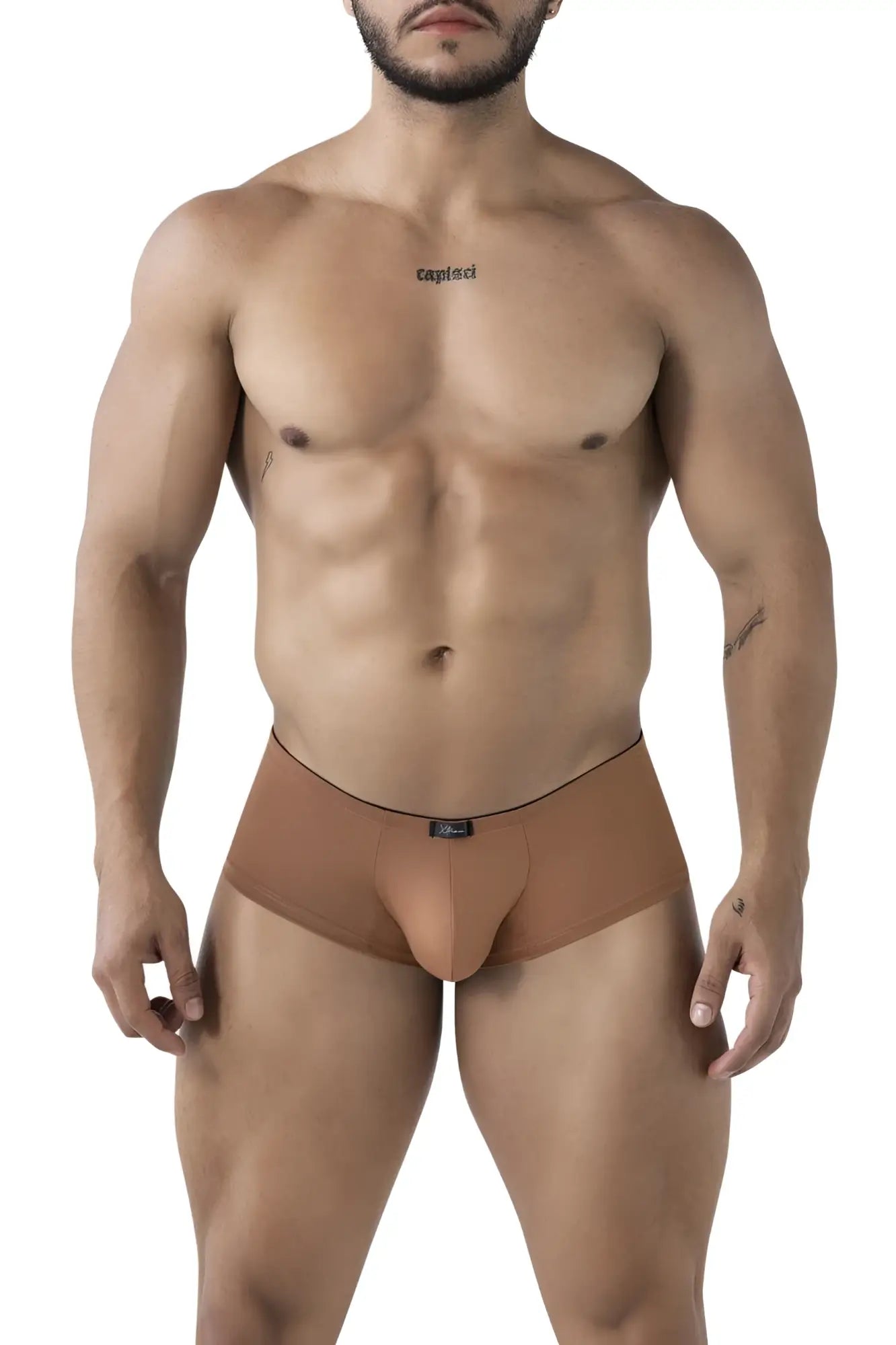 Tan xtremen 91240 microfiber trunks with black elastic waistband and small brand tag in form-fitting men’s briefs style
