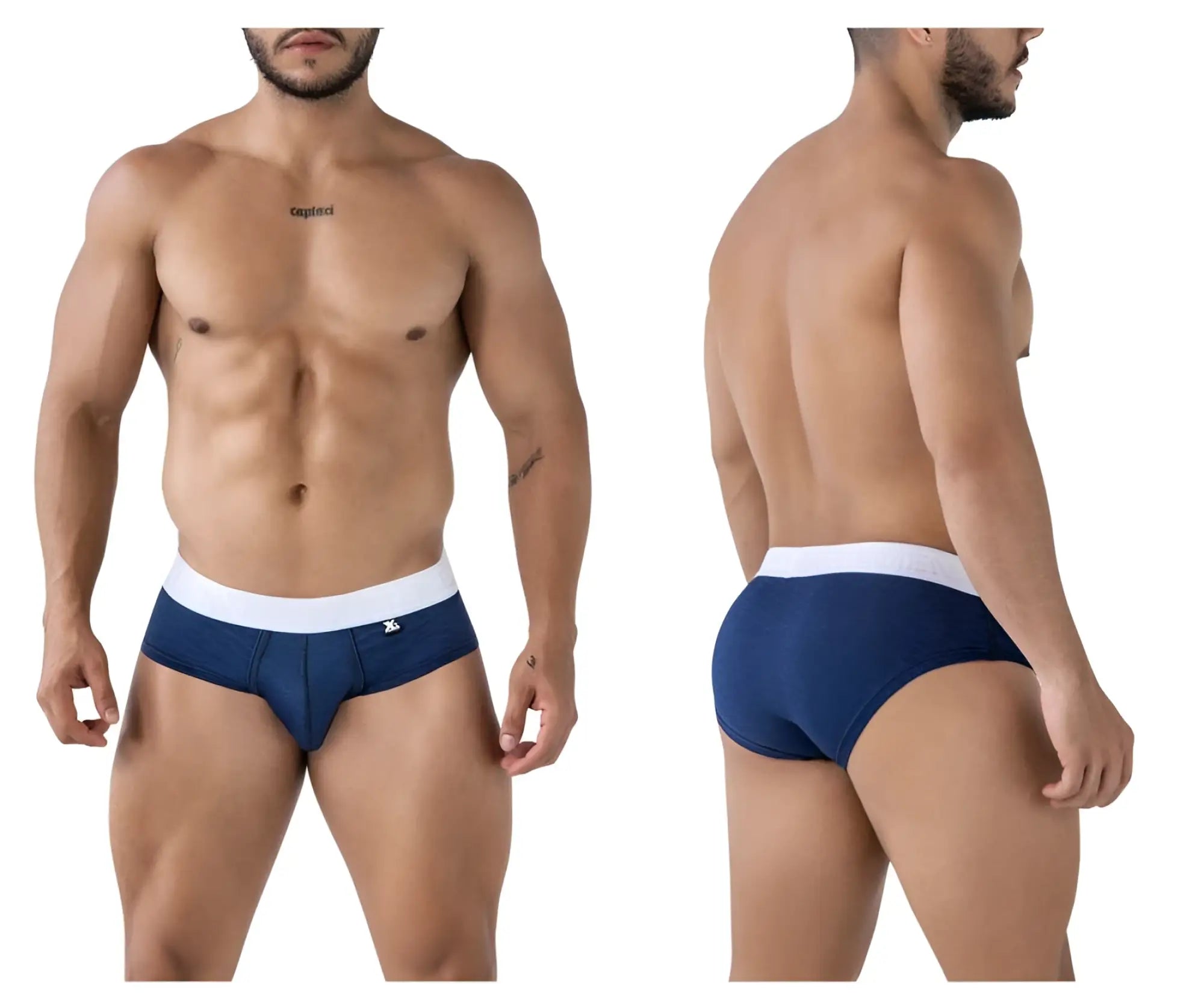 Navy blue xtremen 91242 microfiber briefs with white waistband and small logo on the left side