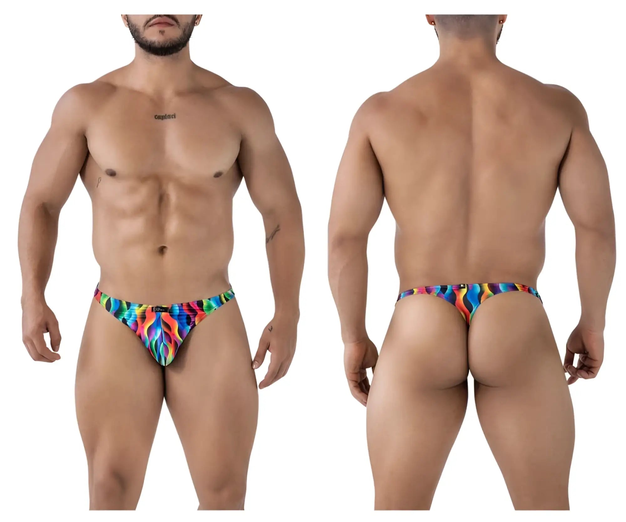 Xtremen 91247 printed thongs color waves vibrant rainbow flame-patterned men’s thong in stretchy fabric front view