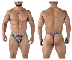 Xtremen 91247 printed thongs color waves vibrant rainbow flame-patterned men’s thong in stretchy fabric front view