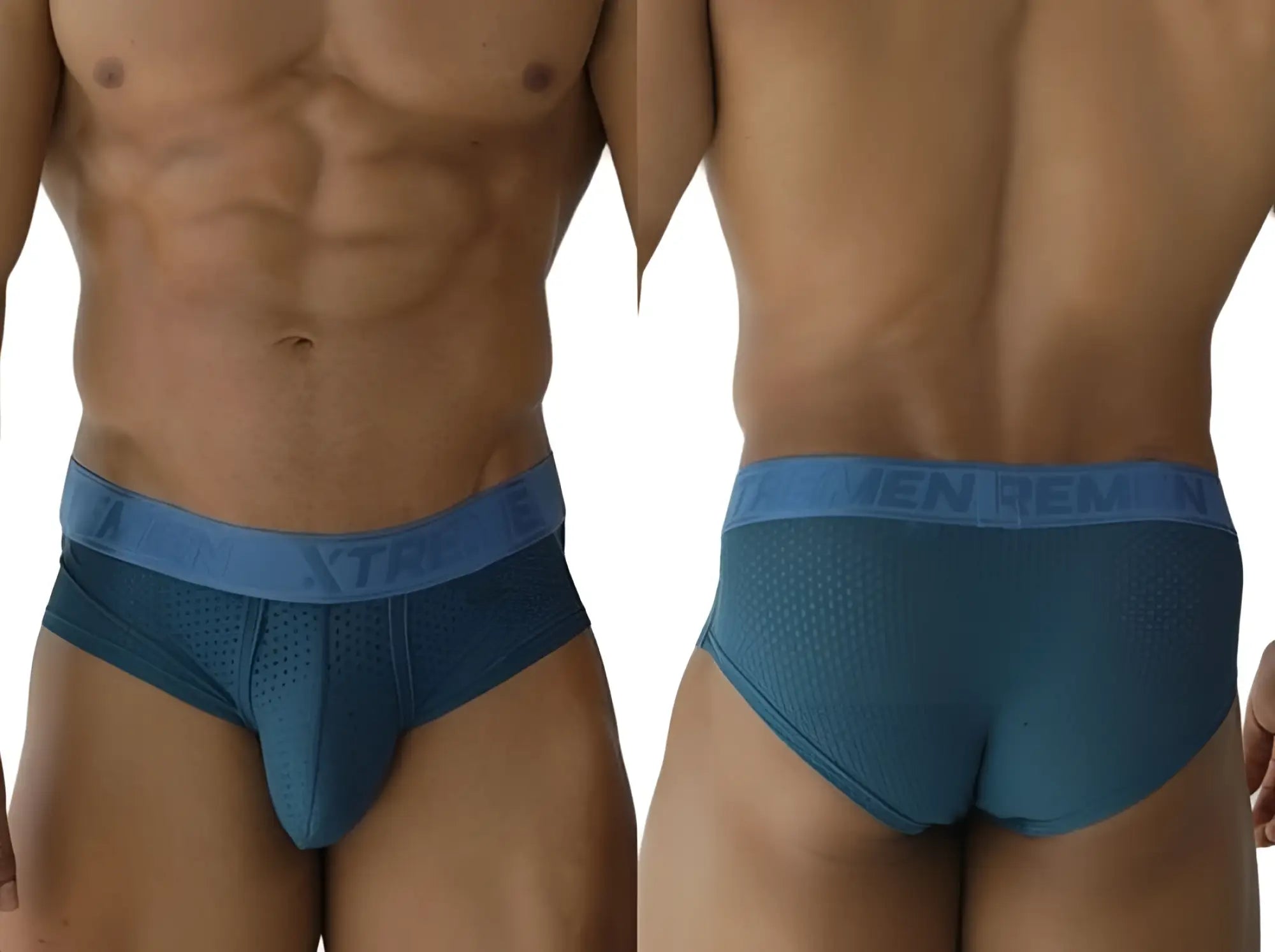 Blue mens briefs xtremen 91250 with mesh texture elastic waistband in petrol microfiber featuring men rem brand name