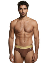 Brown microfiber bikini brief featuring a gold Xtremen branded waistband and a small side logo tag.