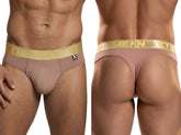 Dusty rose microfiber thong with a gold elastic waistband featuring the Xtremen logo and a small branded side tag.