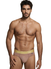 Taupe microfiber bikini brief by Xtremen with a gold logo elastic waistband and small branded tag.