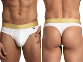 White microfiber thong featuring a gold branded elastic waistband and Xtremen logo patch on the front.