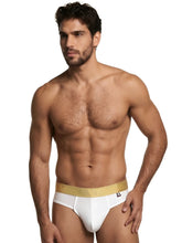 White microfiber bikini briefs with a gold elastic waistband and small branded patch on the hip.
