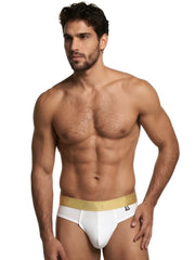 White microfiber bikini briefs with a gold elastic waistband and small branded patch on the hip.