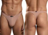 Beige microfiber thong by Xtremen. Minimalist design with thin side straps and a small branded logo tag on the front.