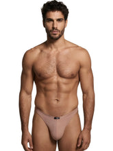 Xtremen tan microfiber bikini brief with a centered black logo patch on the waistband.