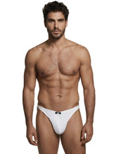 Xtremen white microfiber bikini brief with a contoured pouch and center front brand logo tag.