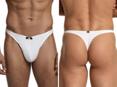 White microfiber thong by Xtremen with front and back logo patches. Minimalist design with narrow waistband.