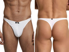 White microfiber thong by Xtremen with front and back logo patches. Minimalist design with narrow waistband.