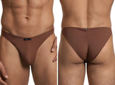 Brown microfiber bikini brief with Xtremen logo tag on the front and ruched back detail.
