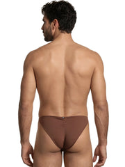 Brown microfiber bikini underwear with a vertical back seam and small Xtremen logo tag at the center waistband.