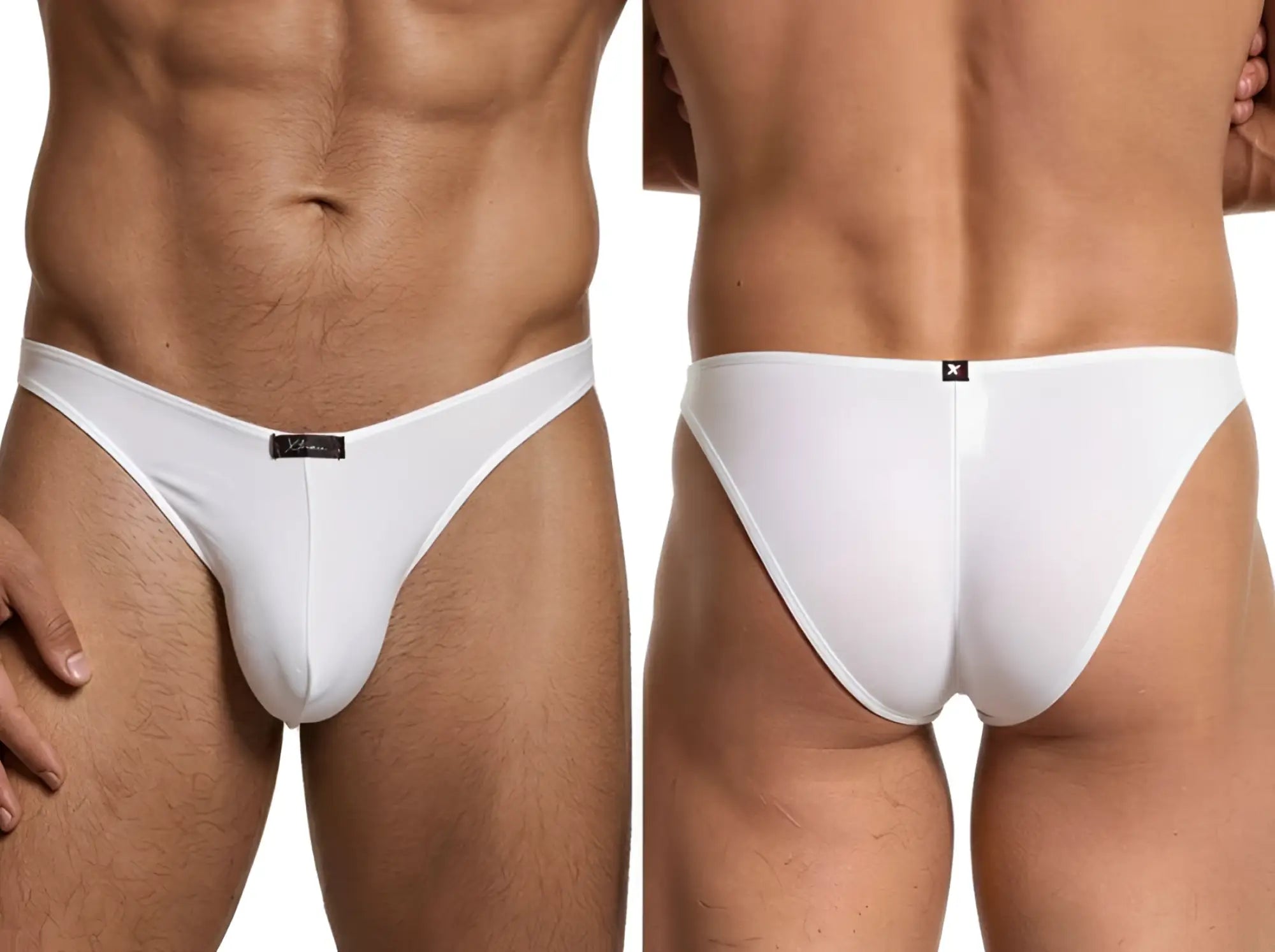White microfiber bikini briefs with a center seam, featuring a black branded label on the front and back waistband.