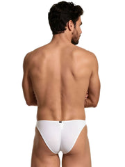 White microfiber bikini briefs with a centered black and white Xtremen logo tag on the back waistband.