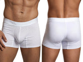 Xtremen white microfiber boxer briefs featuring a textured hexagonal pattern and a wide tonal elastic waistband.
