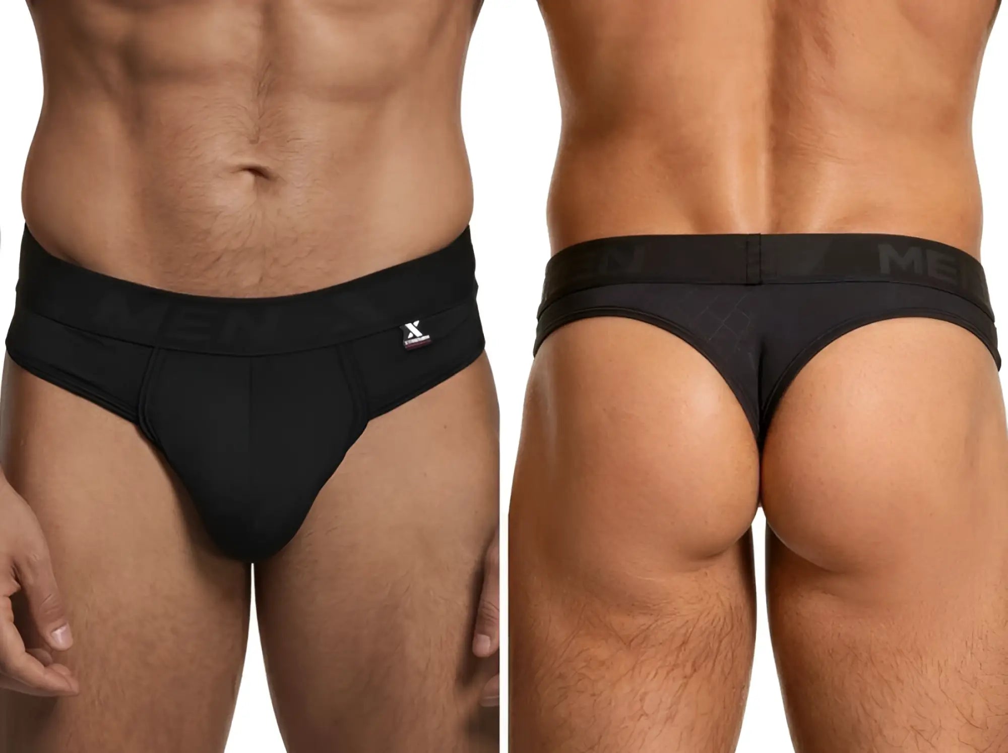 Black microfiber thong with a logo waistband, Xtreme branding tag, and subtle geometric textured pattern on the back.