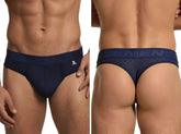 Navy blue microfiber thong by Xtremen featuring a hexagonal pattern, contoured pouch, and branded elastic waistband.