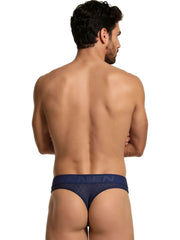 Navy blue microfiber thong with a hexagonal pattern and branded elastic waistband.