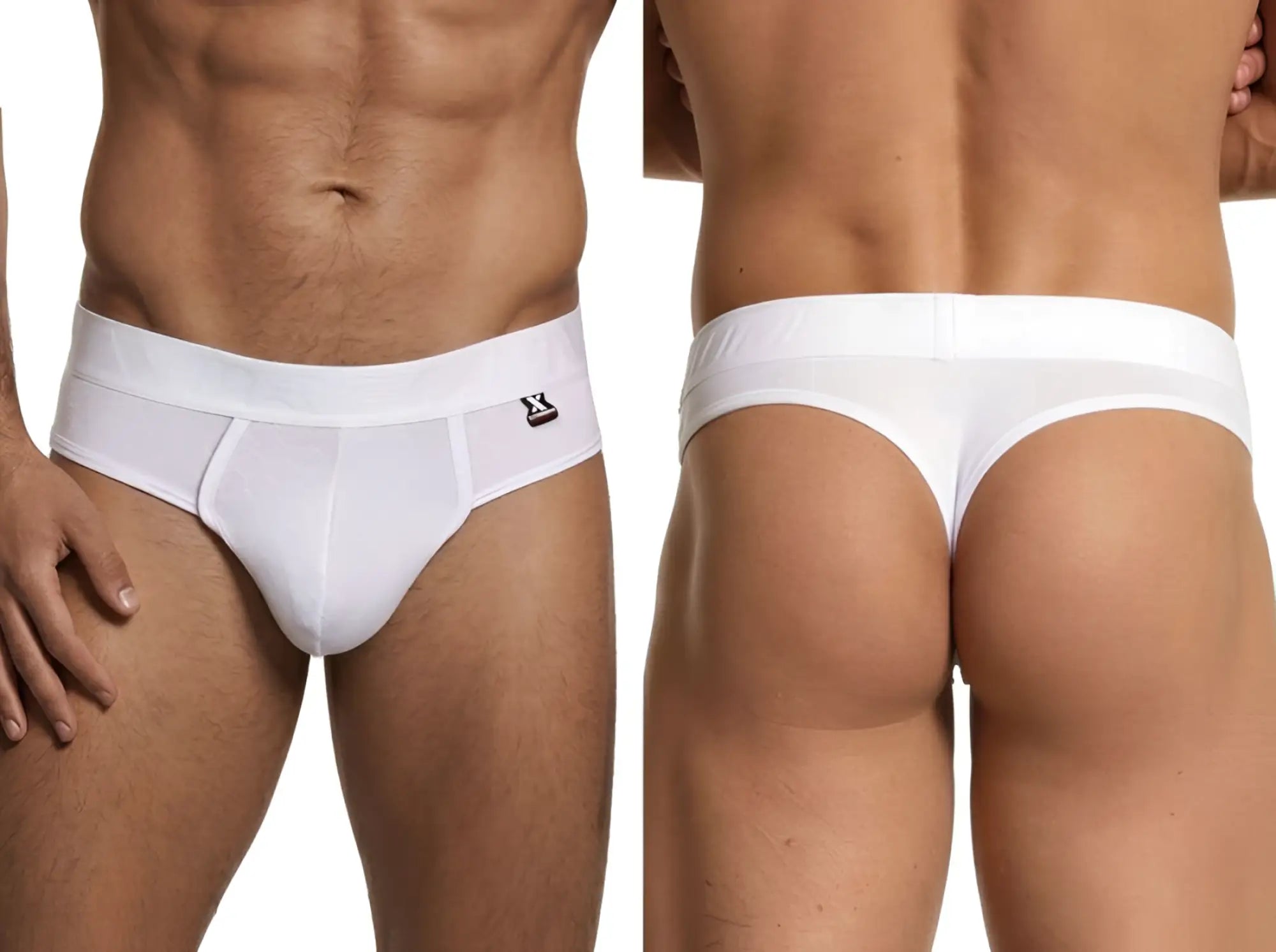 White Xtremen thong in mesh microfiber featuring a branded elastic waistband and subtle hexagonal pattern.