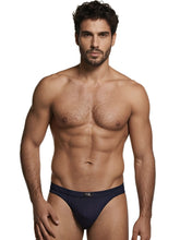 Navy blue microfiber bikini brief with a subtle geometric pattern and branded center waistband label.