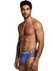 Blue mesh bikini brief with a grey Xtremen logo waistband and small front logo tag.