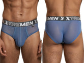 Blue mesh bikini briefs with an XTREMEN branded elastic waistband and front pouch seams.