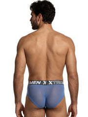 Blue mesh bikini brief with a gray waistband featuring a white Xtremen logo.