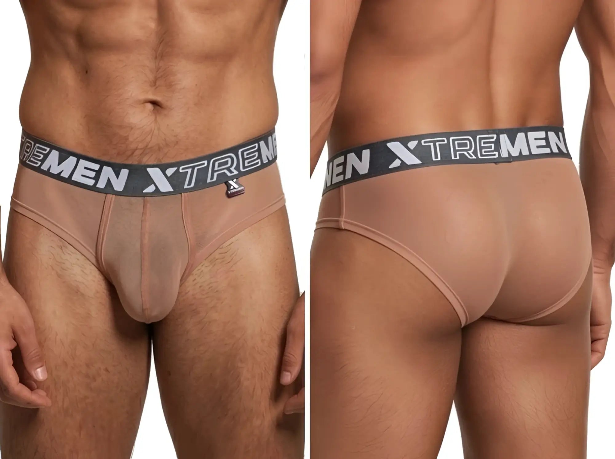 Tan mesh bikini briefs with a grey logo waistband and an Xtremen brand tag on the front left.