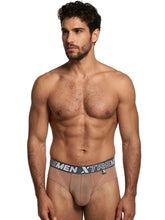 Nude mesh bikini briefs with a supportive contour pouch and a grey, branded Xtremen elastic waistband.