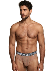 Nude mesh bikini briefs with a supportive contour pouch and a grey, branded Xtremen elastic waistband.