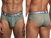 Sage green mesh bikini briefs by Xtremen with a grey logo waistband and small brand tag on the front.