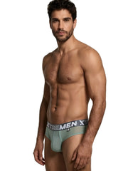 Sage green mesh bikini brief by Xtremen with a grey logo-branded waistband and a small "X" emblem on the hip.