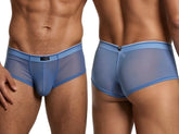 Blue mesh bikini briefs with tonal waistband, logo tag, and contoured pouch, shown from front and back views.